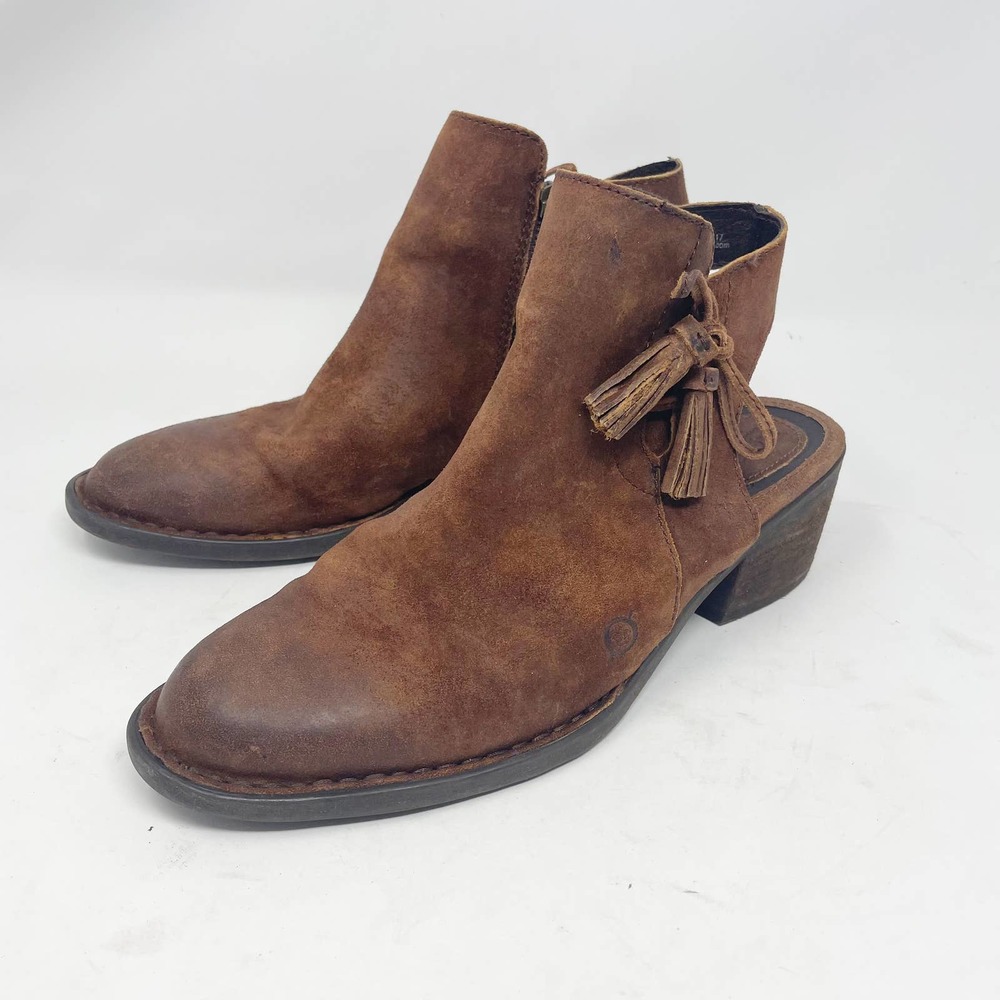Born Leather Tassel Cutout Ankle Booties in Chestnut Brown